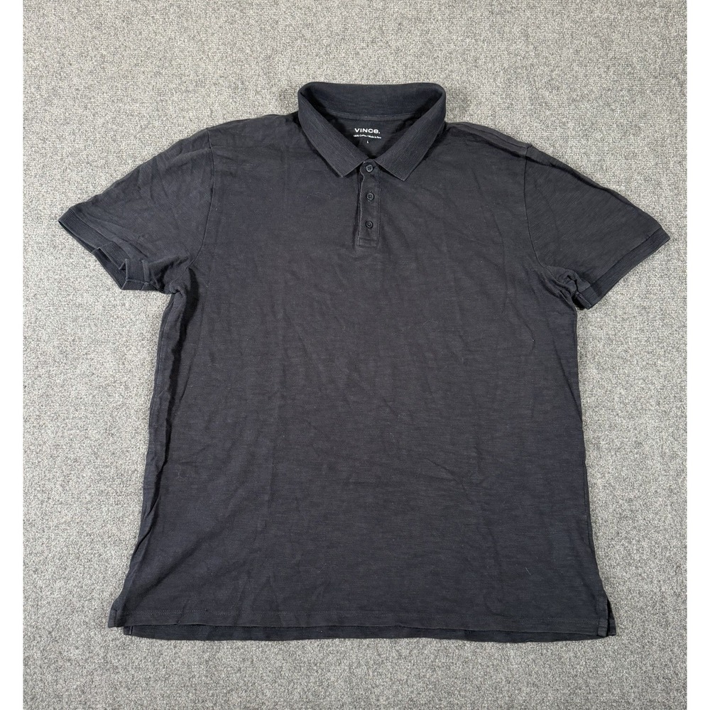 Vince Men Polo Shirt L Black Heathered Short Sleeve 100% Cotton Button Regular